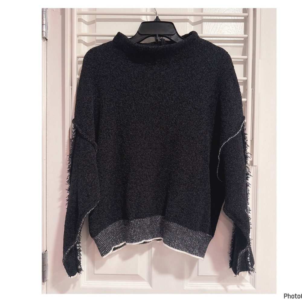 Zenana Black Chenille Mockneck Sweater Raw Edge Pullover Large Xlarge